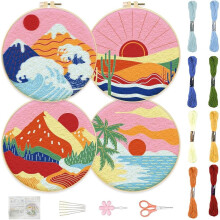 Broderikit til begyndere, japansk inspireret bjerg- og soldesign, kompatibel med voksne kvinders hobbyer, inkluderer tråd, nåle, bøjler,