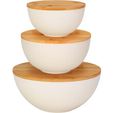Ensemble de 3 saladiers avec couvercles en fibre de bambou (25 cm, 20 cm, 15 cm), beige - Saladiers naturels pour mélanger et servir salades,