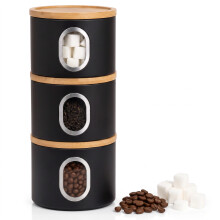 Black Tea Coffee Sugar Canister Set of 3, Stackable Airtight Kitchen Storage Jars with Wooden Lids & Viewing Window, Food Storage Containers