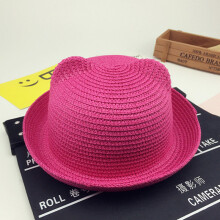 (Rose Red) Childrens Summer Cat Ears Sun Hat With Paper Straw Material For Play And Travel