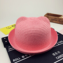 (Leather Pink) Childrens Summer Cat Ears Sun Hat With Paper Straw Material For Play And Travel