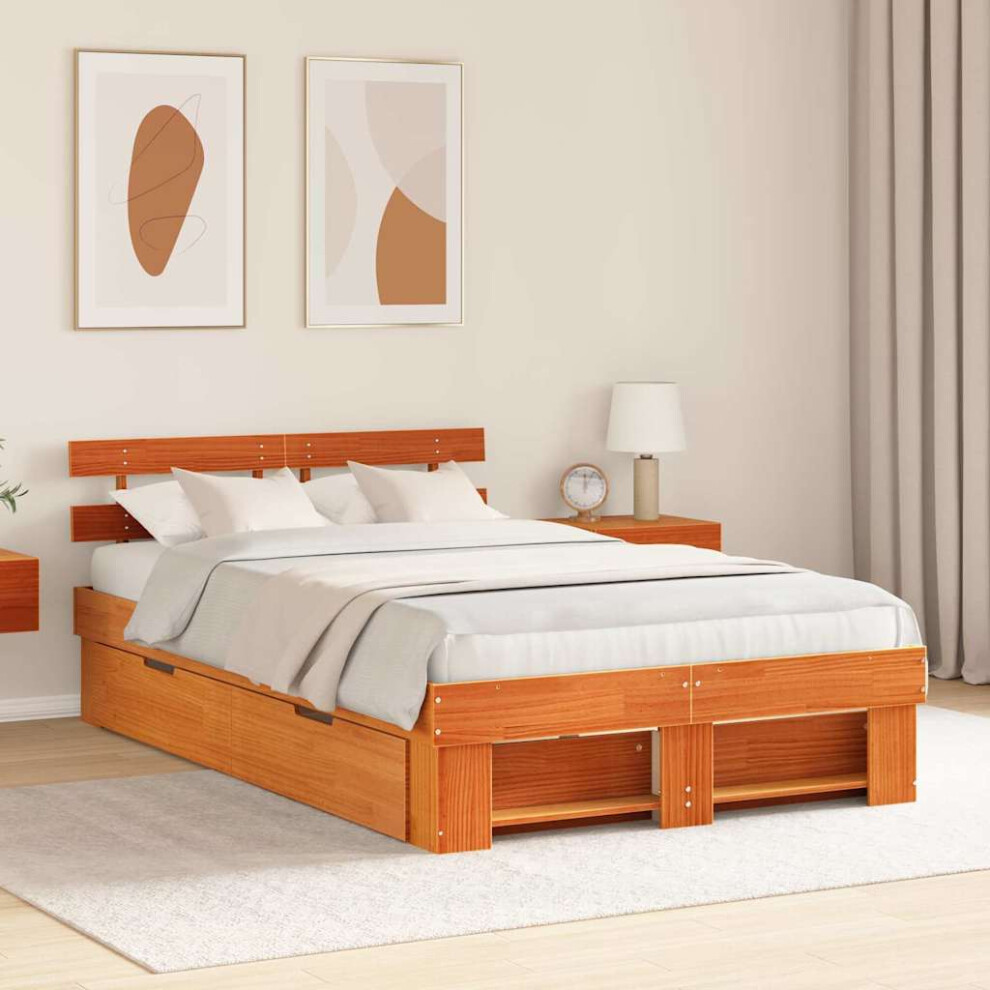 Vidaxl Bed Frame With Headboard Wax Brown 135 X 190 Cm Solid Pine Wood