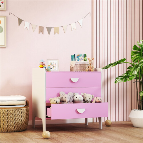 Commode enfant à 3 tiroirs en MDF rose et blanc 2