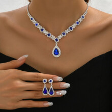 (Blue) 3 Damen-Kristall-Tropfen-Halsketten mit Ohrringen, Set für Braut, Hochzeit, Abendkleid, leichte, luxuriöse, elegante Accessoires