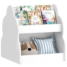 Bibliothèque enfant à roulettes, 2 niveaux et 4 étagères, blanche