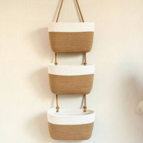 (White Patchwork,23x11cm)Rustic Wall Hanging Storage Organizer With Three Layers For Dorms And Bedrooms