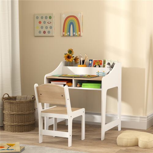 Ensemble bureau enfant avec compartiments de rangement et chaise en bois 2