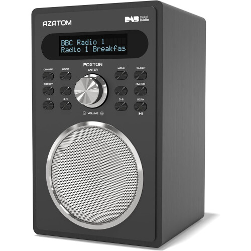 AZATOM Foxton FX2  DAB/DAB+ & FM Digital Radio | Simple Controls | Dual Alarms & Sleep Timer | Mains Powered |USB Device Charging (Black)
