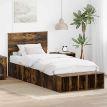vidaXL Bed Frame with Shelf Smoked Oak 75 x 190 cm Engineered Wood