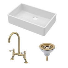 Traditional Fireclay Kitchen Bundle: 1 Bowl Butler Sink, Waste & Bridge Lever Mixer Tap, 795mm - Brushed Brass