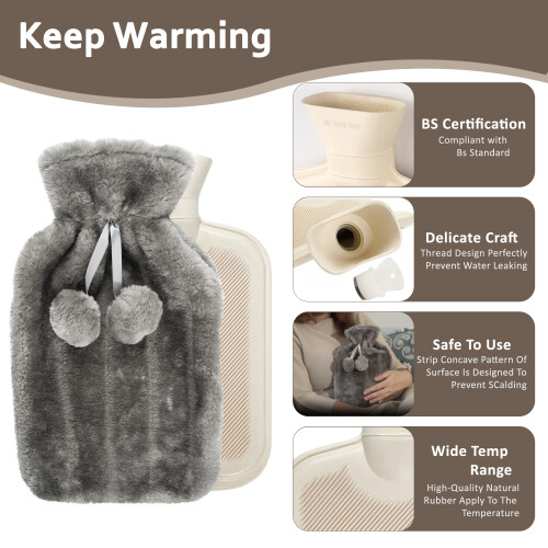 Large 2L Natural Rubber Hot Water Bottle Grey 2