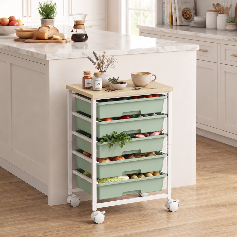 Homcom (Green) 6-Tier Storage Trolley On Wheels With 5 Pull-Out Drawers