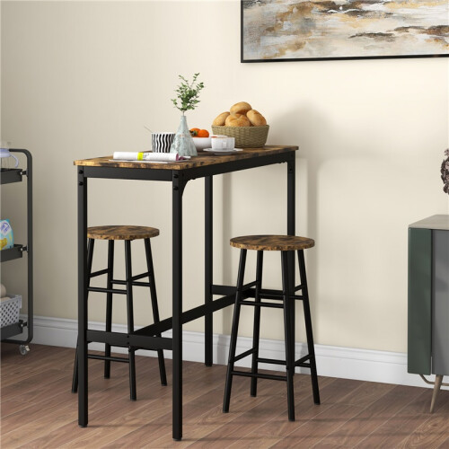 Ensemble table de bar 3 pièces avec 2 tabourets, style industriel, marron et noir 2