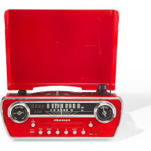 Crosley CR6047A-RE4 Powel 7-in-1 Record Player with Speakers & CD Player, Red | Vintage Car Design Bluetooth Turntable Entertainment System