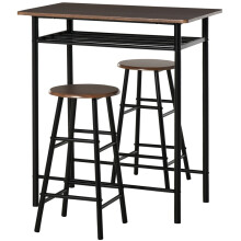 Ensemble table de bar 3 pièces avec 2 tabourets et étagère de rangement en chêne noir