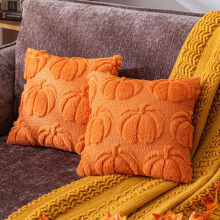 Housses de coussin décoratives automnales pour enfants, motif citrouille, 30 x 30 cm, lot de 2, en fausse fourrure douce orange, pour une ambiance