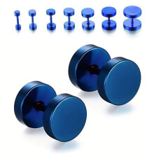 (4 mm) Pair Blue Flat Round Barbell Plug Stud Earrings 316 Stainless Steel Mens Unisex