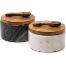 1 Set Kruidenscharen met Houten Deksel en Lepels, Marmeren Zoutvaatjes en Kruidensopslagpotten - Perfect voor de Keuken