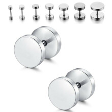 (6 mm) Pair Silver Flat Round Barbell Plug Stud Earrings 316 Stainless Steel Mens Unisex