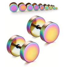 (6 mm) Pair Colourful Rainbow Flat Round Barbell Plug Stud Earrings 316 Stainless Steel Mens Unisex
