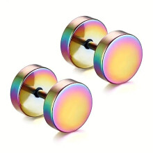 (4 mm) Pair Colourful Rainbow Flat Round Barbell Plug Stud Earrings 316 Stainless Steel Mens Unisex