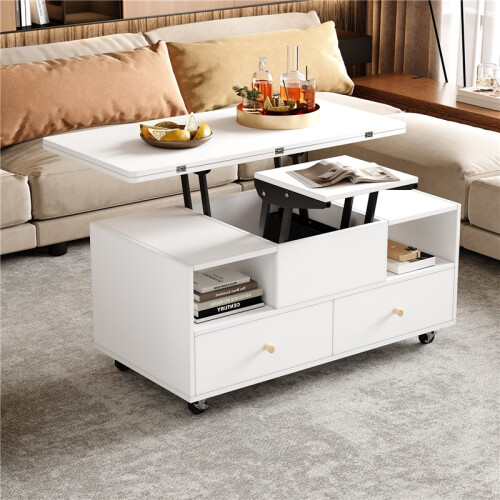 (White, Particle Board) White Lift-Top Coffee Table with Wheels