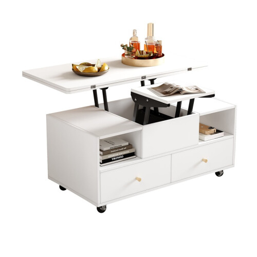 (White, Particle Board) White Lift-Top Coffee Table with Wheels 2