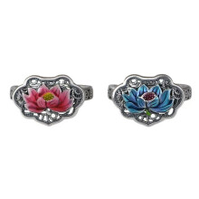 (Blue) Enamel color blue lotus ring for women New Chinese style China-Chic retro ethnic style adjustable ring with opening