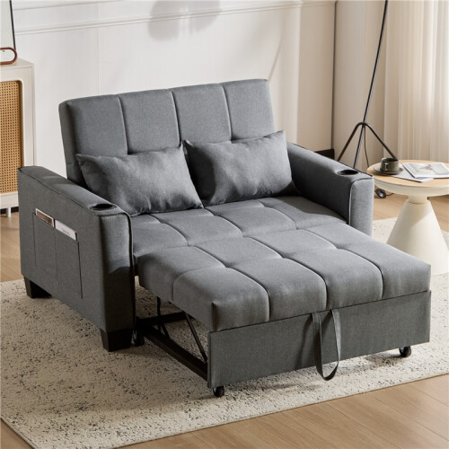 (Gray, Fabric) 2-Seater Sofa Bed – Grey Foldable Sleeper