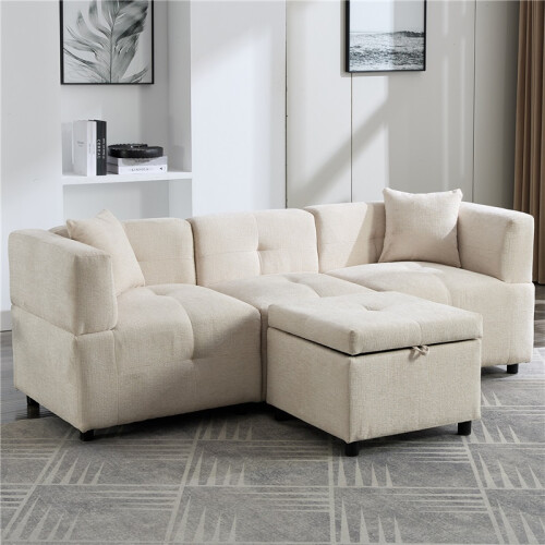 (Beige, Fabric) 80" L-Shaped Sectional Sofa with Storage Ottoman 2