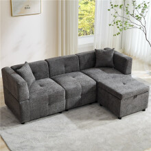 (Grey, Fabric) 80" L-Shaped Sectional Sofa with Storage Ottoman