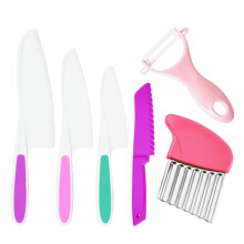 Set di utensili da cucina per bambini: pelapatate, coltello in plastica per frutta e verdura, colore rosa.