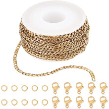 DIY10M32.8FT3MM Gouden roestvrijstalen Figaro-kettingrol met verbindingsringen en karabijnsluitingen voor het maken van sieraden voor dames, geschikt
