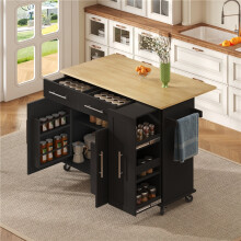 Black Kitchen Island with Drop Leaf & Storage