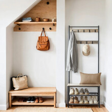 Coat and Shoe Rack - Wood and Metal - Greige and Black - With Storage Bench