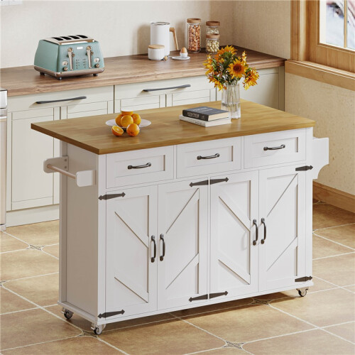 (White) Foldable-Top Rolling Kitchen Island, White