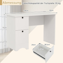 Számítógép asztal 2 fiókkal, íróasztal, robusztus játékasztal, fésülködőasztal, laptop asztal, fehér