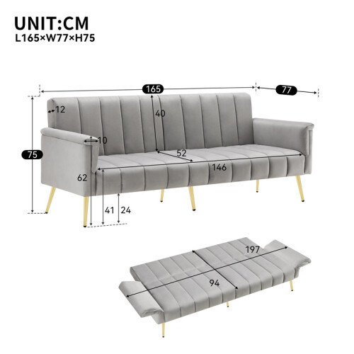 Modern Velvet Sofa Bed – Grey, Adjustable 1