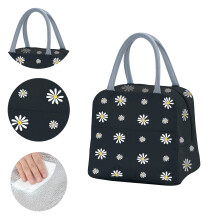 Kühltasche mit Gänseblümchenmuster für Damen, isolierte Thermotasche, tragbare Lunchbox, Schwarz