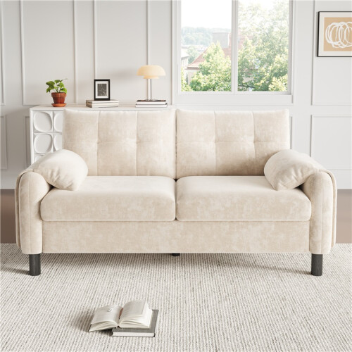(Beige, Chenille) Modern 2-Seater Chenille Sofa – Beige