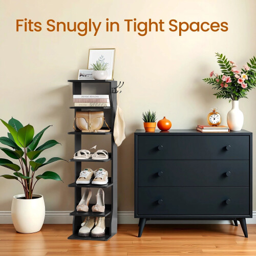 7-Tier Shoe Rack - Metal - Black - Slim Corner Design with Hooks 1