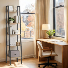 5-Tier Narrow Bookshelf - Wood - Rustic Brown and Ink Black - Ladder Design for Versatile Use