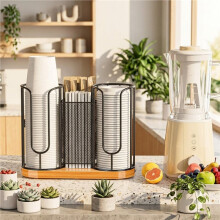 Wooden Base Coffee Cup Organizer, Countertop Disposable Cup Lid Straw Dispenser Holder for Home Bar Workspace