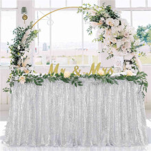 2pcs 6Ft Table Skirt for Round Rectangle Square Table Sequin Tablecloth for Birthday Party Family Baby Shower Silver