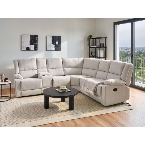 Beliani Manual Recliner Corner Sofa ROKKE Fabric Off-White Light Beige Left Hand 1