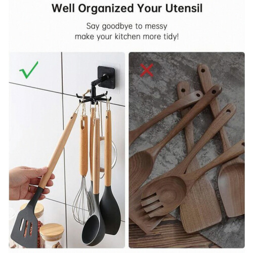 360 Degree Rotating Kitchen Utensil Hook Rack with 6 Hooks, 2 Pieces, Drill-Free Mounting, Space-Saving Organizer 1