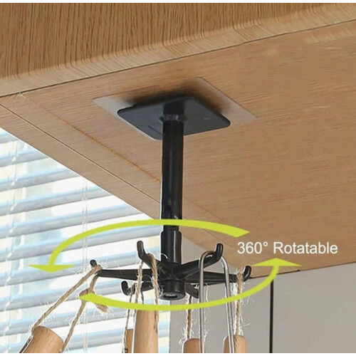 360 Degree Rotating Kitchen Utensil Hook Rack with 6 Hooks, 2 Pieces, Drill-Free Mounting, Space-Saving Organizer 2