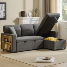 (Dark Gray, Fabric) 3-Seater L-Shaped Sofa Bed, Dark Grey