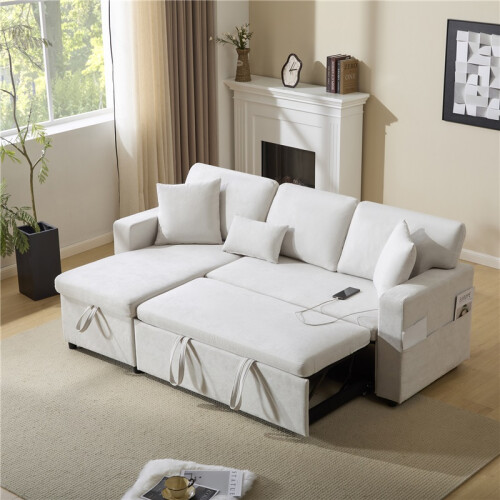 (Beige, Fabric) 3-Seater L-Shaped Sofa Bed with Storage 1