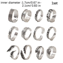 (12pcs) 12Pcs/set Gothic Punk Adjustable Open Ring Carved Texture Rings for Women Men Hip-hop Stainless Steel Rings Jewelry Party Gifts